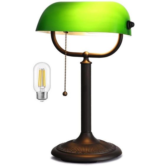 Lampe de bureau verte en verre, avec LED intégrée, 39 cm, style rétro