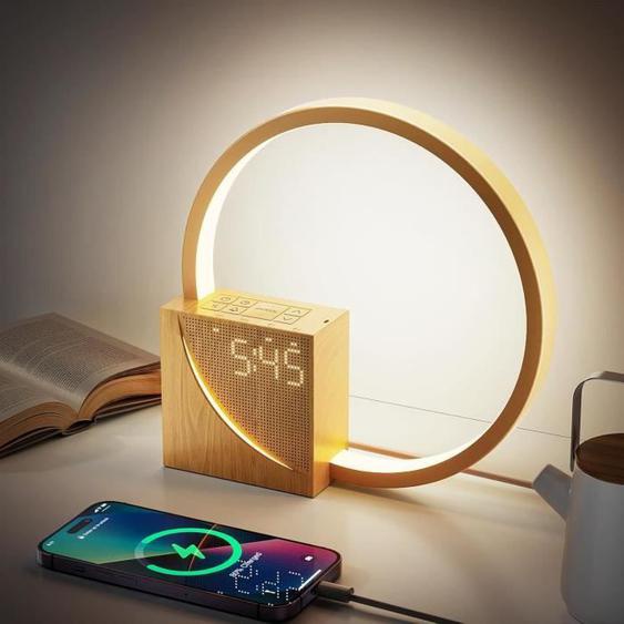 Lampe de Chevet LED avec Réveil, Ports de Charge USB, Lampe de Table Dimmable avec 3 Modes Intensité dÉclairage,