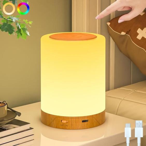 Lampe de Chevet Sans Fil, Veilleuse Tactile Dimmable avec Modes RGB Blanc Chaud, Lampe de Table Rechargeable par USB avec