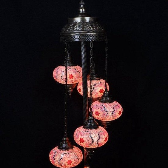 Lampe de sol turque en mosaïque faite à la main en verre rose avec 5 boules – Lampe orientale authentique