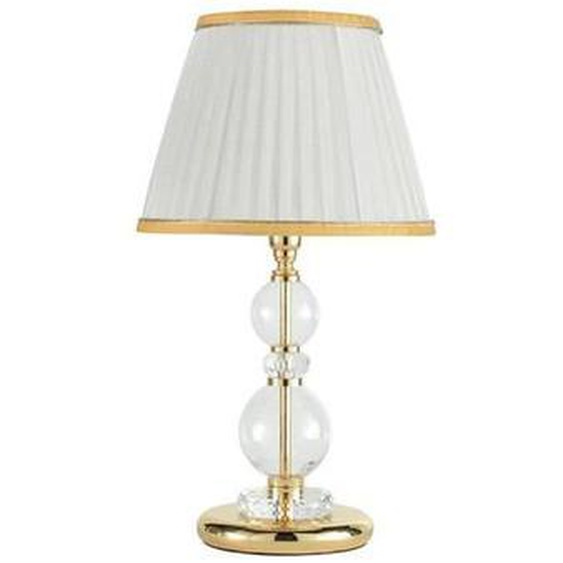 Lampe de table BACH en verre transparent fait à la main avec détails en métal et abat-jour en tissu.Modèle PETIT OR