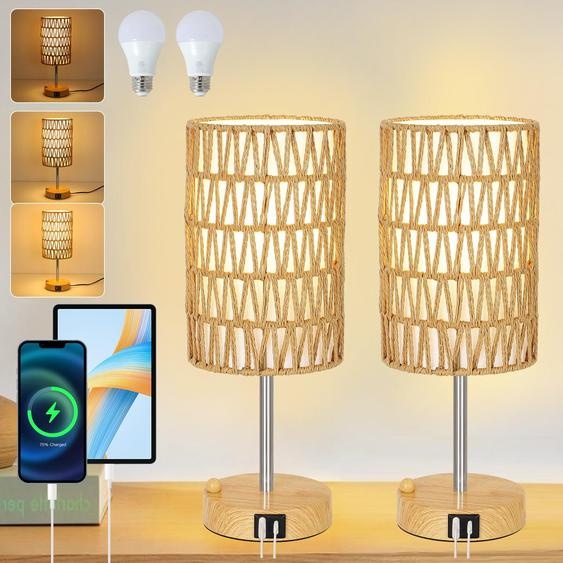 Lampe de table de style bohème, lot de 2, variateur tactile, fonction de charge USB, rotin