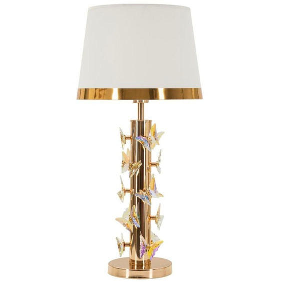 Lampe De Table Glamour Papillon Doré - Pied Doré, Abat-Jour Blanc Et Papillons Décoratifs - Ø 35 X 74 Cm