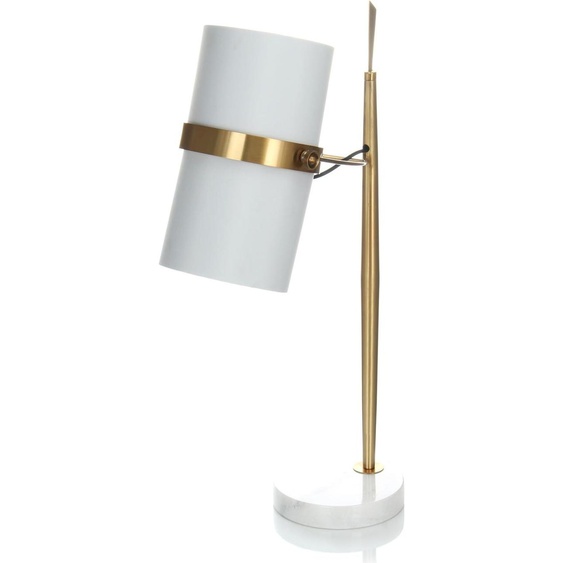 Lampe de table Padiro, 25 x 29 x 69 cm - blanche et dorée - en tissu - abat-jour cylindrique incliné