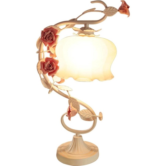 Lampe de table Rosen - Lampe de chevet - E27 LED 5W incluse - Abat-jour en verre avec rose - Style cottage français vintage - Prise UE - 30×50 cm - Blanc