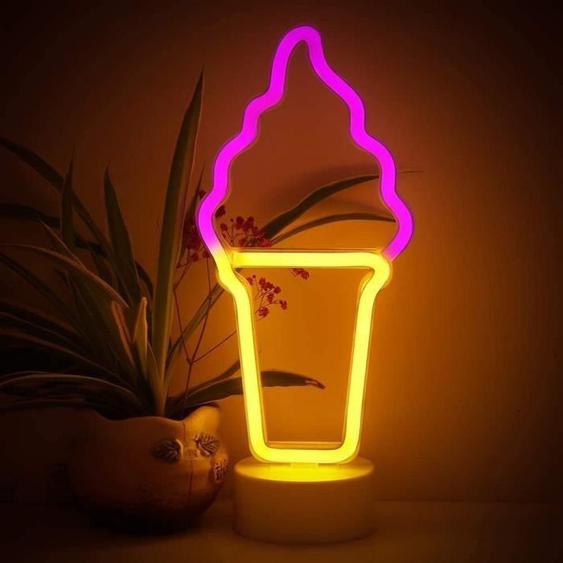 Lampe Decorative Crème Glacée LED Néon avec Base Lampe de Nuit Lumières LED Néon à Piles ou USB, Décoration pour Noël, Anniversaire