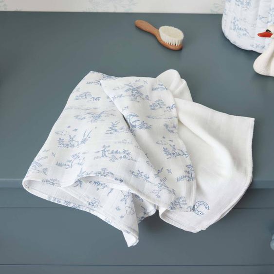 Lange Mousseline De Coton Biologique Par Lot De 2 Jouy Bleu