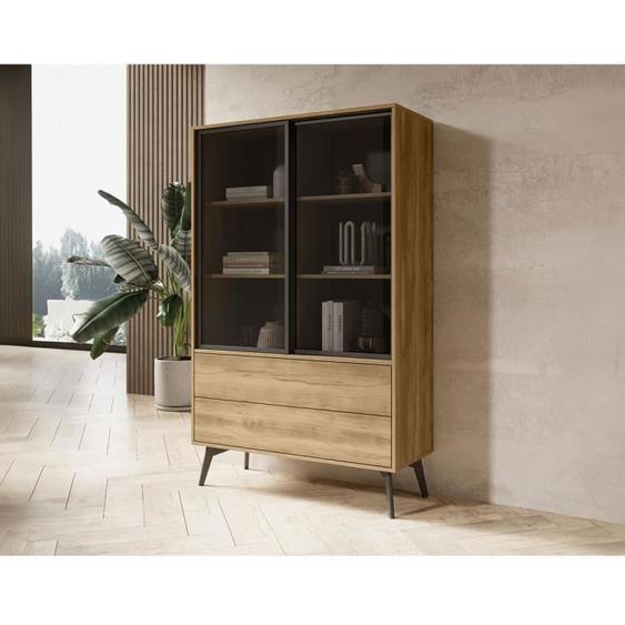Larry - vitrine - 2 portes et 2 tiroirs - bois et métal noir - 144 cm - Bois / Noir