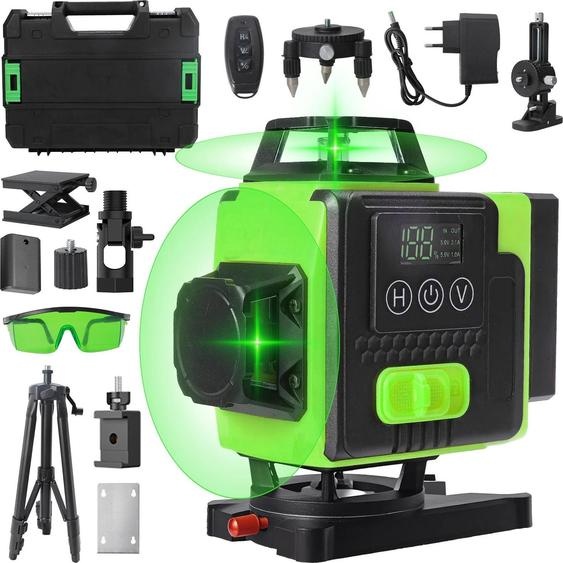 Laser 4D à lignes Niveau à bulle laser - 16 lignes 4x360° - Laser vert 505–520 nm - Auto-nivelant - ±0,3 mm/m - 2 batteries 2400 mAh - Trépied et mallette en plastique