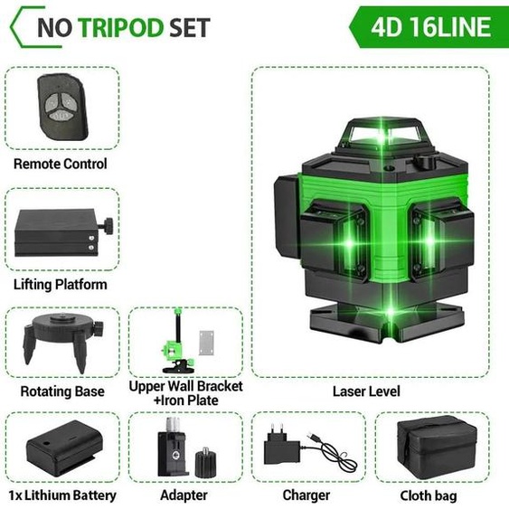 Laser à lignes croisées - 4D 16 lignes - Auto-nivellement 360° - Laser vert 505–520 nm - Prise UE - Avec sac en tissu - Sans trépied - Orange