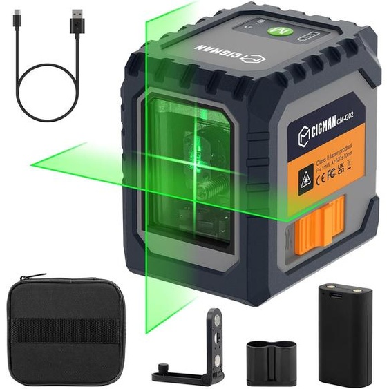 Laser à lignes croisées CIGMAN CM-G02 vert – À nivellement automatique, rechargeable, portée de 30 m, IP54