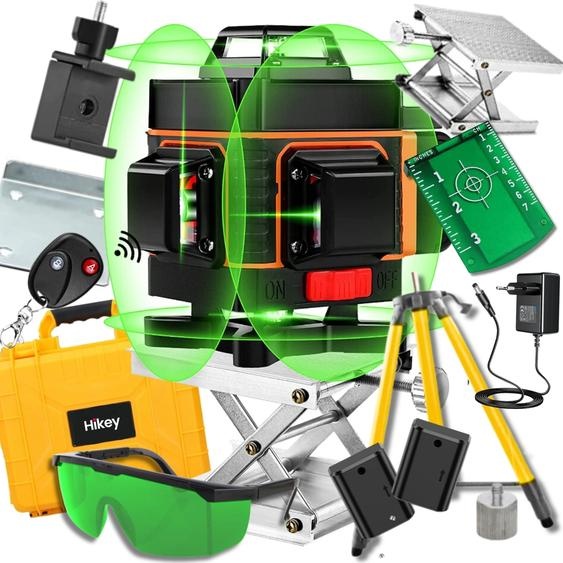 Laser lignes croisées Hikey Laser rotatif 4D 16 lignes vert 532 nm, 2 batteries, télécommande, IP54, kit avec trépied en aluminium 36-106 cm