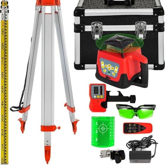 Laser rotatif professionnel - Max. Portée 500m - Vert - Laser à ligne 360 degrés - Altimètre - Etanche et anti-poussière - Pour lextérieur - Temps de travail 20 heures - Avec trépied & règle - Electrique