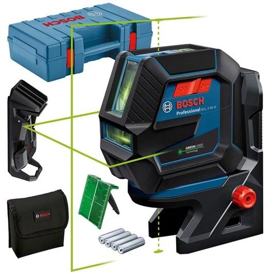 Laser points et lignes GCL 2-50 G + 4 piles 1,5 V LR6 (AA) + support rotatif RM 10 + pince de plafond DK 10 + coffret BOSCH 0601066M02