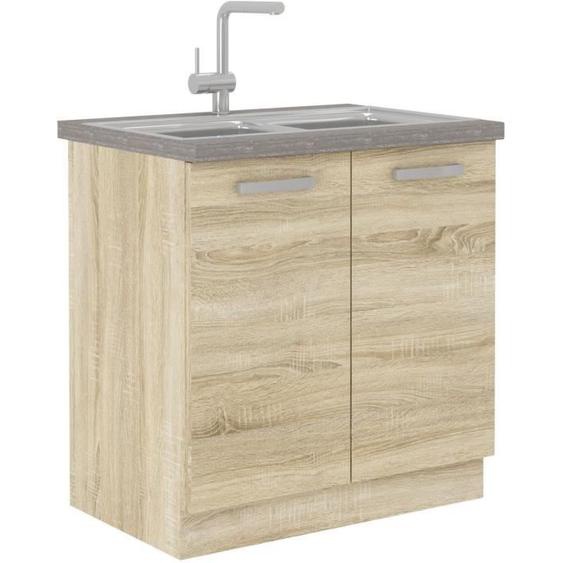 LASSEN Meuble bas de cuisine sous évier L 80 cm - Décor chêne clair sonoma