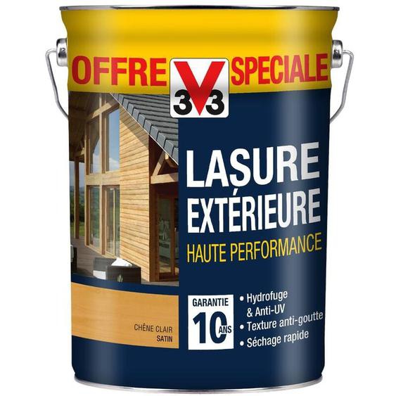 Lasure bois extérieur, haute performance 10 ans V33, offre spéciale Chêne clair satin 5L