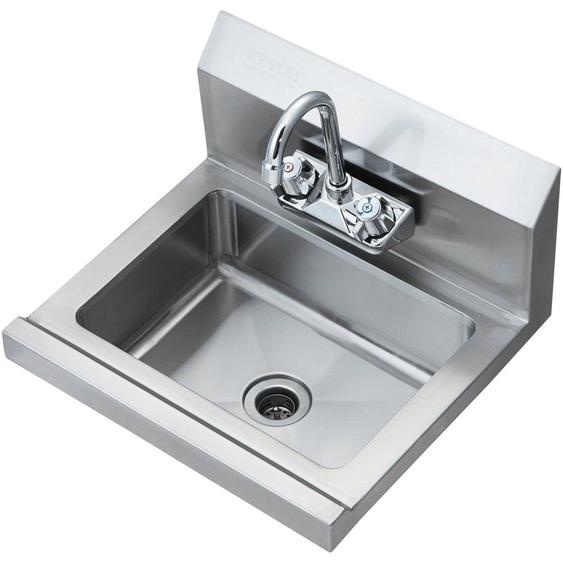 Lavabo commercial avec robinet, lavabo en acier inoxydable  NSF pour le lavage des mains, petit lavabo pour le lavage des mains, lavabo mural, lavabo utilitaire pour restaurant, cuisine, bar, garage et maison, 43 x 32,5 cm