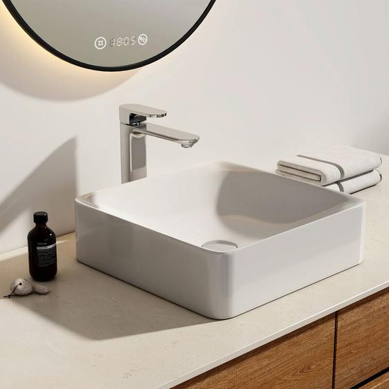 Emke - Lavabo rectangulaire en céramique, Vasque à Poser en céramique, blanc brillant - 40,5 x 40,5 x 12 cm