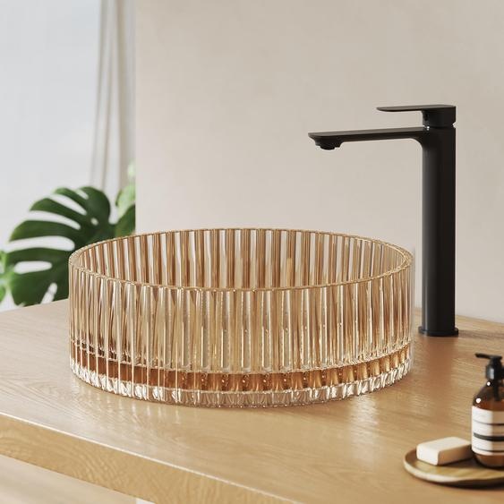 Lavabo sur socle en verre EMKE, forme ronde, 40 x 40 x 12 cm, finition rose doré