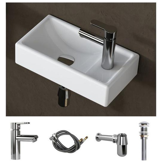 Meje - Lavabo suspendu avec Kit de vidange, mini évier à droite 41x23x10 cm - céramique blanche