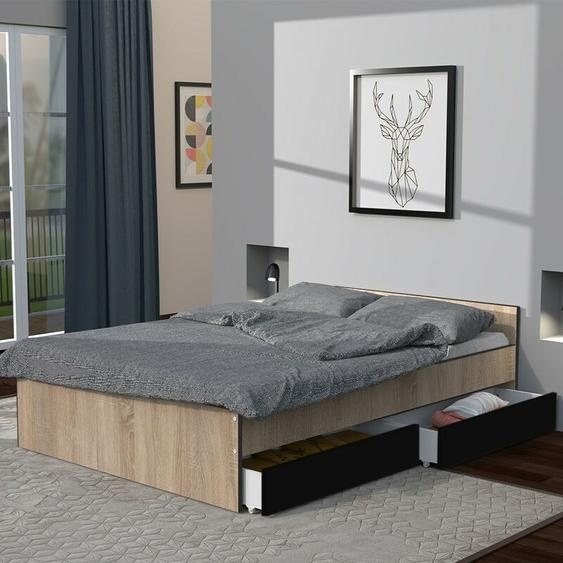 Le Quai Des Affaires - Lit kappa 140x190 cm + 2 tiroirs / Décor chêne Blanchi et Noir/ 195x145x59 cm