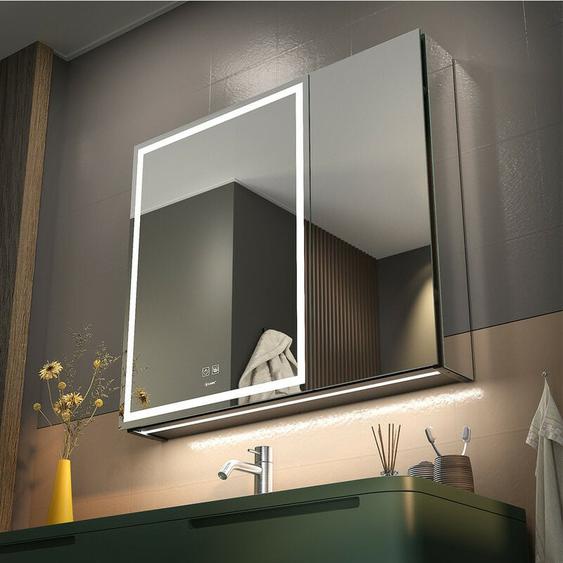 Ganpe - led Armoire de Toilette à Avec Double Porte, Désembuage, Gradation Progressive, Mode Mémoire 3 Couleurs, étagères de Rangement, Prises de