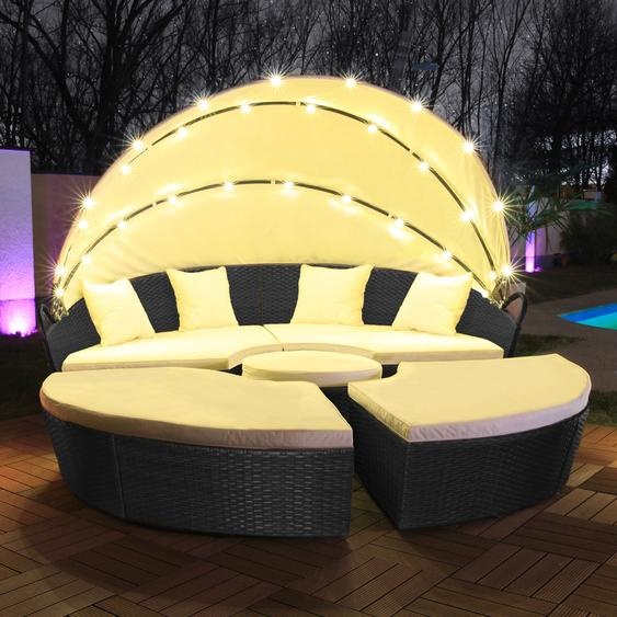 LED - Île de bronzage en rotin Lounge Polyrattan Ensemble de chaises longues Île 210cm incl. housse de protection