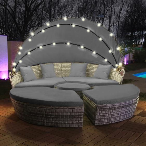 LED - Île de bronzage en rotin Lounge Polyrattan Ensemble de chaises longues Île 210cm incl. housse de protection