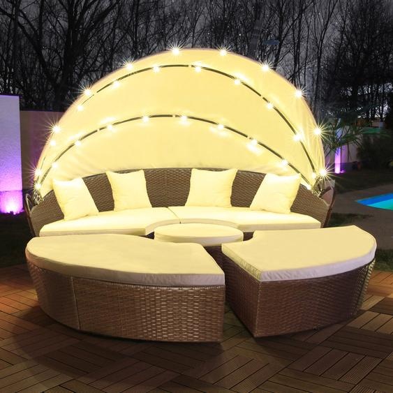 LED - Île de bronzage en rotin Lounge Polyrattan Ensemble de chaises longues Île 210cm incl. housse de protection