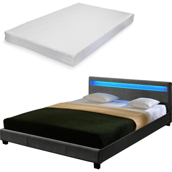 LED Textile Lit double + matelas Lit rembourré 140x200cm Cadre de lit Tissu CORIUM