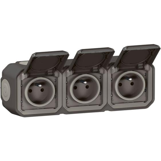 Legrand - Triple prise de courant horizontale avec volet Plexo complet saillie -anthracite