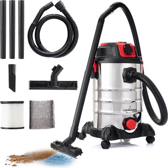 LEHMANN Aspirateur eau et poussières avec cuve métallique de 30L, 1500W, aspirateur industriel avec prise de courant, fonction de soufflage, filtres HEPA et mousse, filtre vibrant
