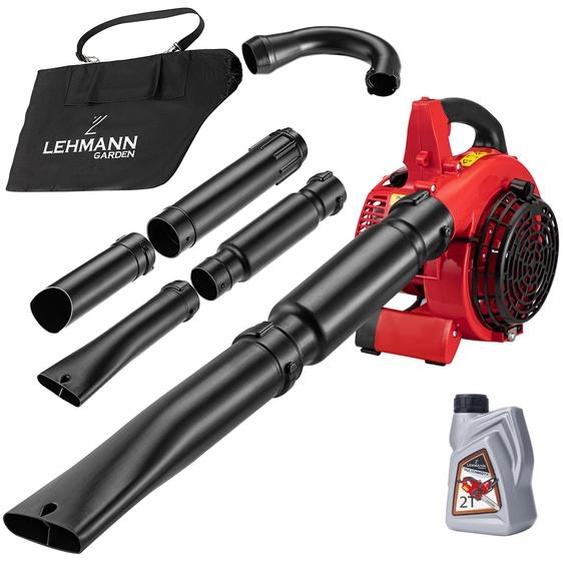 LEHMANN Souffleur de feuilles essence 4en1, aspirateur de feuilles avec fonction de broyage, vitesse de soufflage 97m/s, sac de ramassage 50L, 2 temps, 2 tubes de soufflage