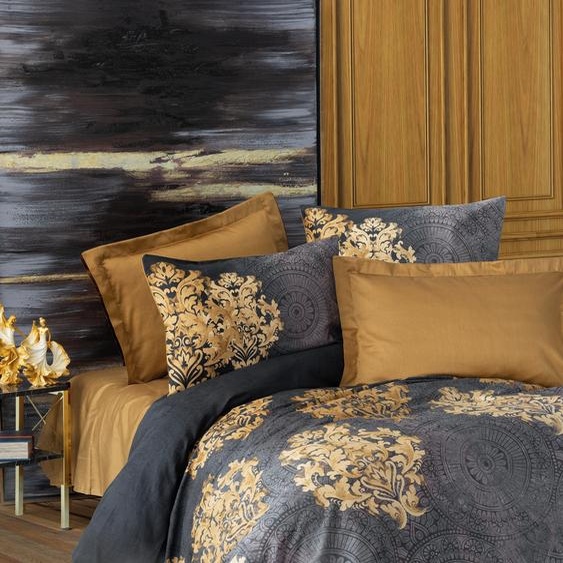 LEssentiel Linge de Maison, Jadira - Beige, ensemble housse de couette en satin king (FR), 100 % satin de coton, anthracite, 240 x 220 cm