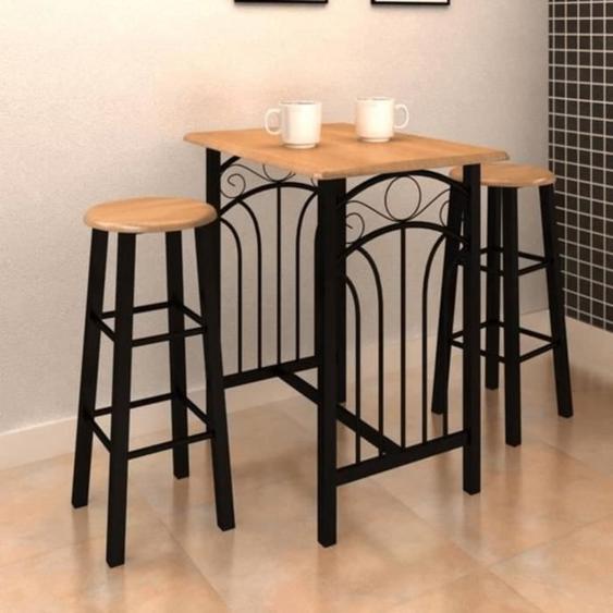 LEXLIFE Ensemble table à manger + 2 chaises en Bois brun roux avec noir Acier - 72,5 x 55 x 82,5 cm