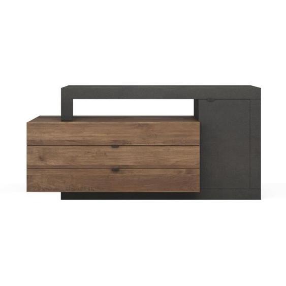 LIBERTA NOIR - Buffet 1 portes 3 Tiroirs Aspect Pierre Noire et Bois Finition Mercure