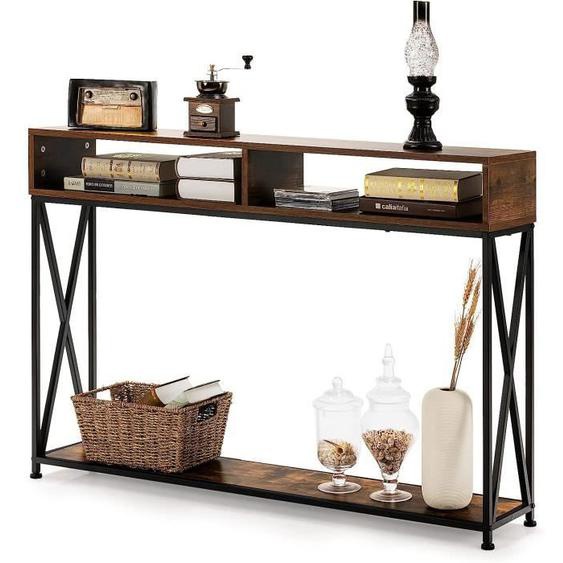 LIFEZEAL Tables de Console avec 2 Compartiments, 120 x 23 x 79 CM, Table dEntrée en Bois, Cadre en Métal, Marron