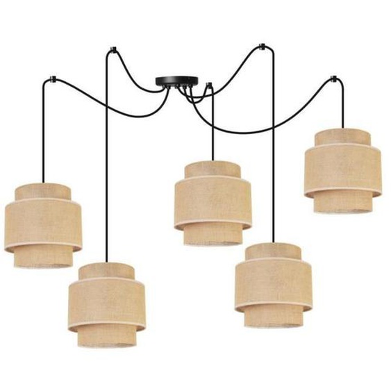 Light-Home Boho Spider Abat Jour Suspension Luminaire Lustre - Moderne Plafond - E27 - À 5 Lumières - Noir Base et Jute