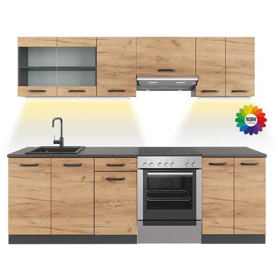 Ligne de cuisine Raul, 240cm , PT À motifs noirs avec bande LED, Chêne doré/anthracite, Anthracite, Vicco