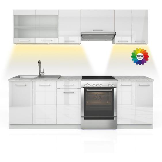 Ligne de cuisine Raul, 240cm , PT Marbre avec bande LED, Blanc Haute brillance, Blanc, Vicco