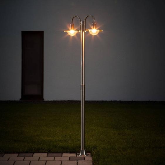 Lindby lampadaire dextérieur Damion, 200 cm, à 2 lampes, E27, IP44 DAMION Lindby, dimmable, gris, Inox, Moderne