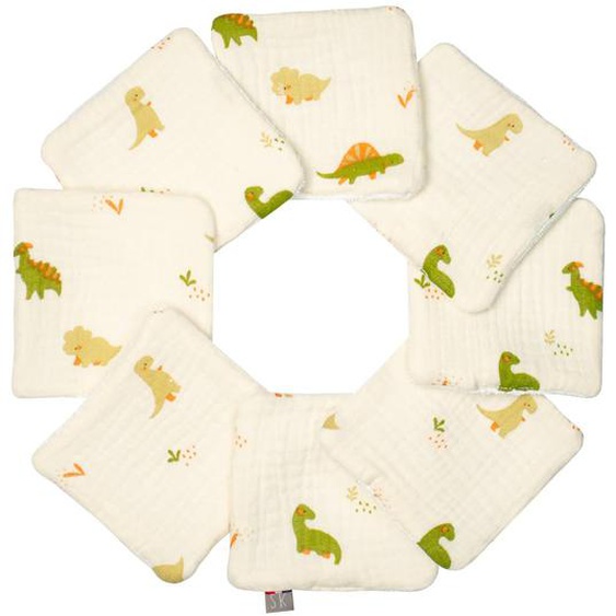Lingettes Bébé Lavables 8 Pièces Dinosaures, Écru, Vert