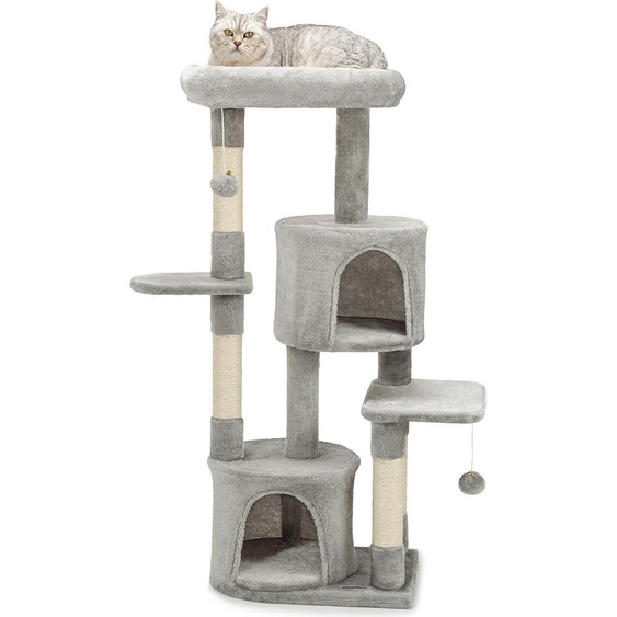 lionto Arbre à chat 115 cm, arbre à grimper stable avec 3 niveaux, 2 grottes & 4 troncs en sisal, support mural inclus, gris clair