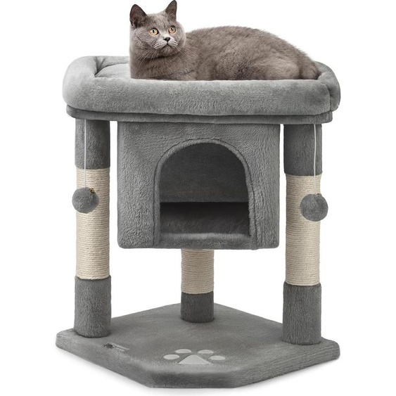 lionto Arbre à chat pour chats 60 cm, avec grotte douillette, boules en peluche & troncs en sisal robustes, peu encombrant & moderne, gris foncé