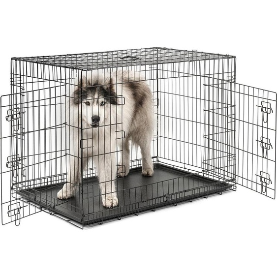 lionto Cage de transport pour animaux, cage métallique pliable avec paroi de séparation, fond en plastique & verrouillage de sécurité, 106x71x77 cm