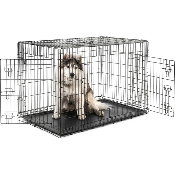 lionto Cage de transport pour animaux, cage métallique pliable avec paroi de séparation, fond en plastique & verrouillage de sécurité, 122x75x81 cm