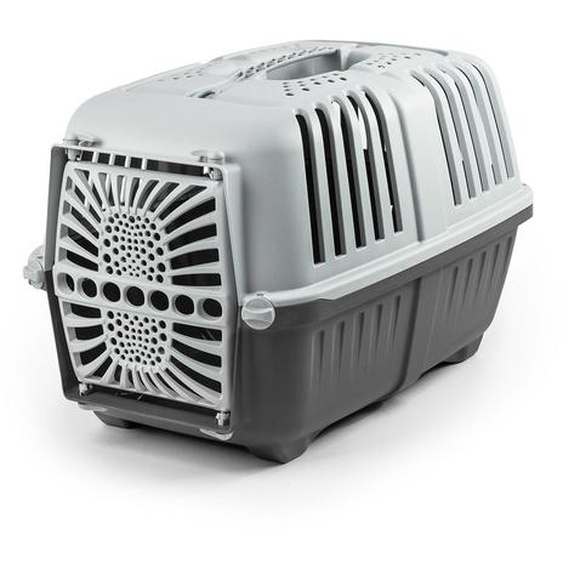 lionto Caisse de transport pour animaux, caisse de transport robuste en plastique avec système de fermeture sûr & aération optimale, 48x31,5x33 cm, anthracite