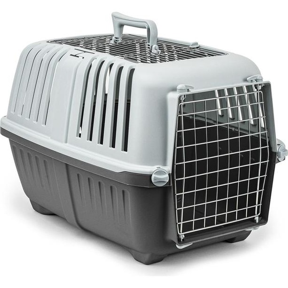 lionto Caisse de transport pour animaux domestiques, robuste & sûre, en polypropylène recyclé, avec porte métallique & poignée, 58,5x35,5x40 cm, anthracite