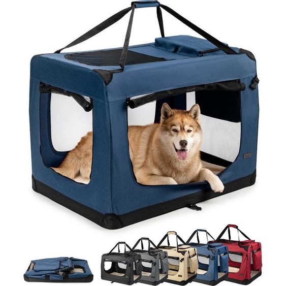 lionto Caisse de transport pour chiens pliable, caisse en tissu solide avec inserts en maille, idéale pour la voiture, le voyage & le vétérinaire, 101x69x70 cm, bleu foncé
