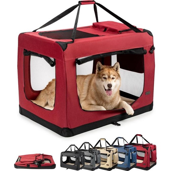 lionto Caisse de transport pour chiens pliable, caisse en tissu solide avec inserts en maille, idéale pour la voiture, le voyage & le vétérinaire, 101x69x70 cm, rouge foncé